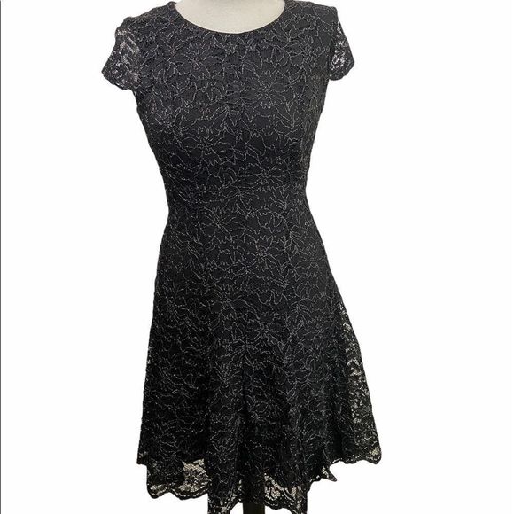 Tommy Hilfiger Black Shine Allover Lace Fit and Flare Dress - Picture 1 of 11